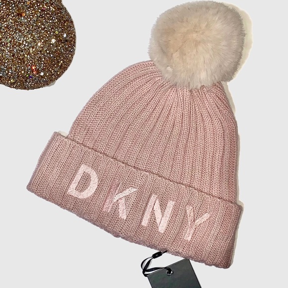 Dkny Accessories - DKNY Ribbed Knit Cuffed Hat with Faux Fur Pom NWT